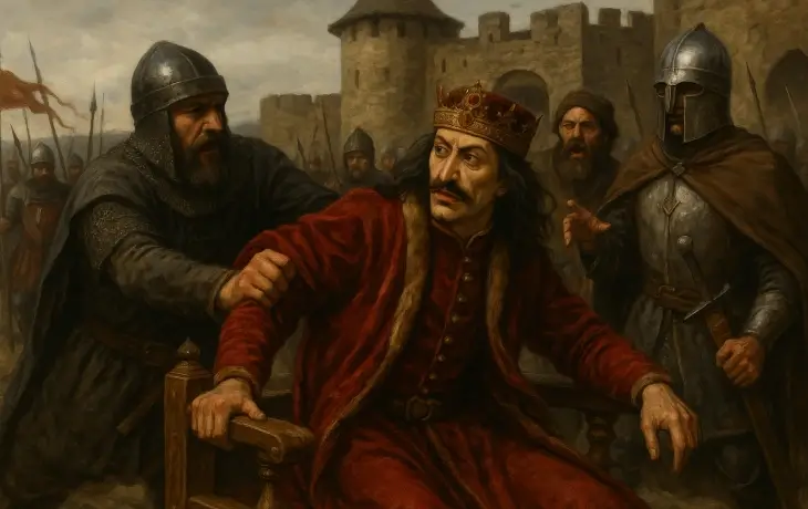 Orta çağda bir kalenin önünde askerler tarafından zorla yerinden kaldırılan Vlad Tepeş tasviri.